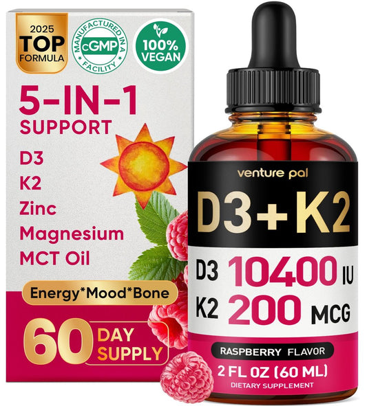 Venture Pal Vitamin D3 10000 IE & K2 (MK-7) 200 mcg mit Magnesium, MCT-Öl, Zink – Zuckerfreies flüssiges Vitamin D für Knochen, Stimmung & Immunsystem – 2 FL OZ, 69 Tage