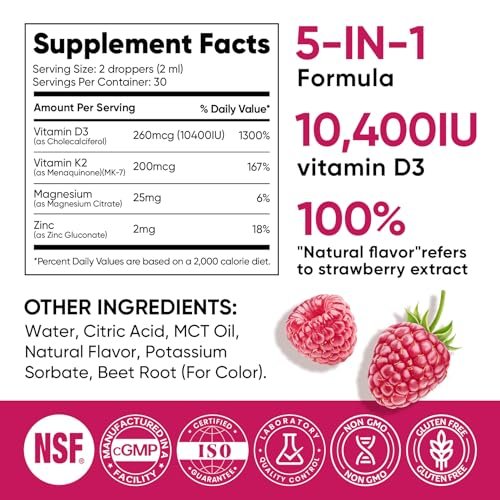 Venture Pal Vitamin D3 10000 IE & K2 (MK-7) 200 mcg mit Magnesium, MCT-Öl, Zink – Zuckerfreies flüssiges Vitamin D für Knochen, Stimmung & Immunsystem – 2 FL OZ, 69 Tage