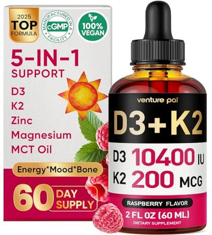Venture Pal Vitamin D3 10000 IE & K2 (MK-7) 200 mcg mit Magnesium, MCT-Öl, Zink – Zuckerfreies flüssiges Vitamin D für Knochen, Stimmung & Immunsystem – 2 FL OZ, 69 Tage