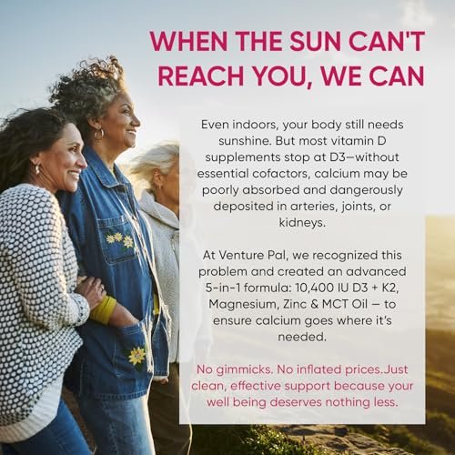 Venture Pal Vitamin D3 10000 IE & K2 (MK-7) 200 mcg mit Magnesium, MCT-Öl, Zink – Zuckerfreies flüssiges Vitamin D für Knochen, Stimmung & Immunsystem – 2 FL OZ, 69 Tage