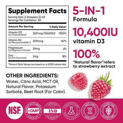 Venture Pal Vitamin D3 10000 IE & K2 (MK-7) 200 mcg mit Magnesium, MCT-Öl, Zink – Zuckerfreies flüssiges Vitamin D für Knochen, Stimmung & Immunsystem – 2 FL OZ, 69 Tage
