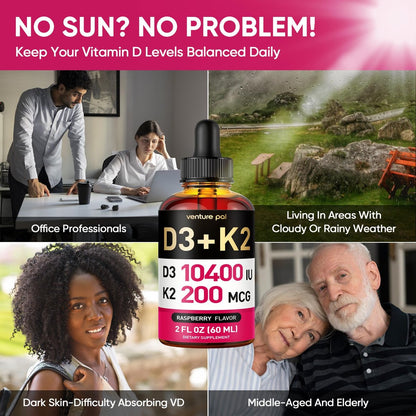 Venture Pal Vitamin D3 10000 IE & K2 (MK-7) 200 mcg mit Magnesium, MCT-Öl, Zink – Zuckerfreies flüssiges Vitamin D für Knochen, Stimmung & Immunsystem – 2 FL OZ, 69 Tage