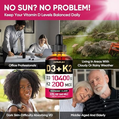 Venture Pal Vitamin D3 10000 IE & K2 (MK-7) 200 mcg mit Magnesium, MCT-Öl, Zink – Zuckerfreies flüssiges Vitamin D für Knochen, Stimmung & Immunsystem – 2 FL OZ, 69 Tage