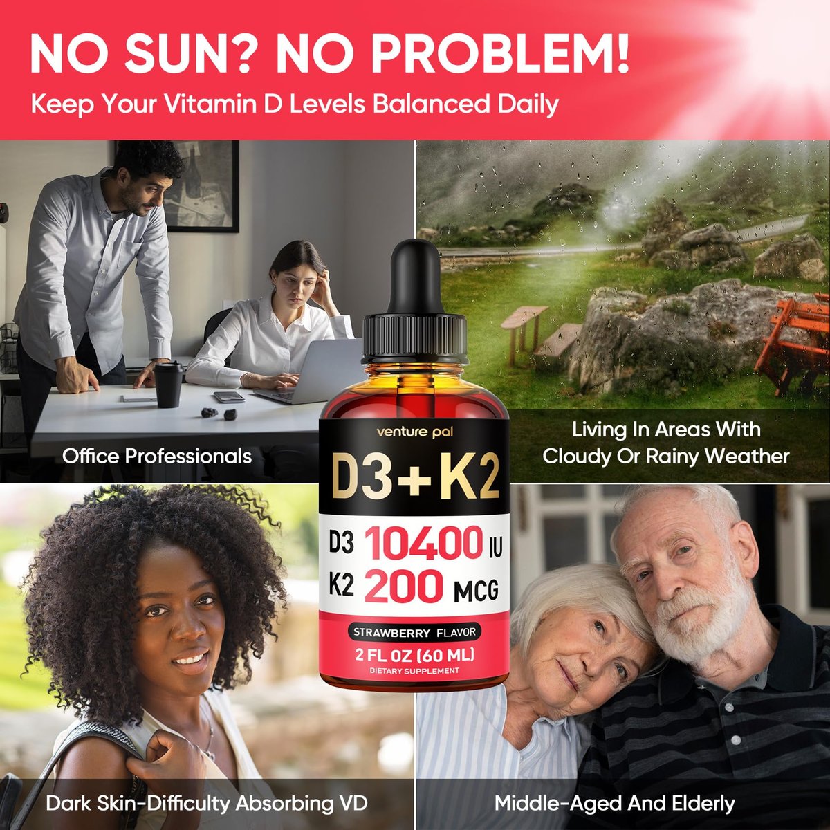 Venture Pal 5-in-1 Vitamin D3 10000 IE & K2 als MK-7 200mcg mit Magnesium, MCT-Öl, Zink, Zuckerfreies Vitamin-D-Liquid für maximale Aufnahme – Knochen-, Stimmungs- und Immununterstützung – 60 ml, 67 Tage