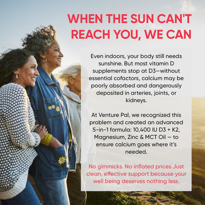Venture Pal 5-in-1 Vitamin D3 10000 IE & K2 als MK-7 200mcg mit Magnesium, MCT-Öl, Zink, Zuckerfreies Vitamin-D-Liquid für maximale Aufnahme – Knochen-, Stimmungs- und Immununterstützung – 60 ml, 67 Tage