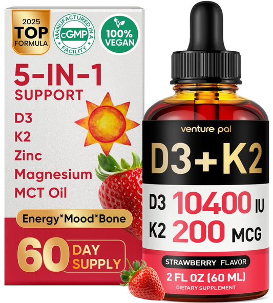 Venture Pal 5-in-1 Vitamin D3 10000 IE & K2 als MK-7 200mcg mit Magnesium, MCT-Öl, Zink, Zuckerfreies Vitamin-D-Liquid für maximale Aufnahme – Knochen-, Stimmungs- und Immununterstützung – 60 ml, 67 Tage