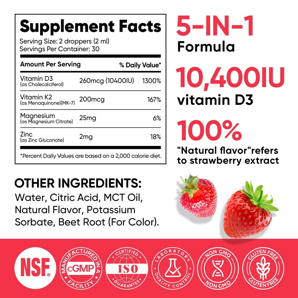 Venture Pal 5-in-1 Vitamin D3 10000 IE & K2 als MK-7 200mcg mit Magnesium, MCT-Öl, Zink, Zuckerfreies Vitamin-D-Liquid für maximale Aufnahme – Knochen-, Stimmungs- und Immununterstützung – 60 ml, 67 Tage