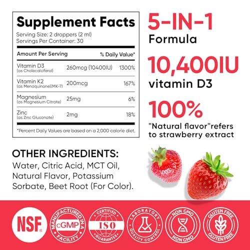 Venture Pal 5-in-1 Vitamin D3 10000 IE & K2 als MK-7 200mcg mit Magnesium, MCT-Öl, Zink, Zuckerfreies Vitamin-D-Liquid für maximale Aufnahme – Knochen-, Stimmungs- und Immununterstützung – 60 ml, 67 Tage