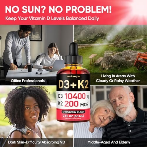 Venture Pal 5-in-1 Vitamin D3 10000 IE & K2 als MK-7 200mcg mit Magnesium, MCT-Öl, Zink, Zuckerfreies Vitamin-D-Liquid für maximale Aufnahme – Knochen-, Stimmungs- und Immununterstützung – 60 ml, 67 Tage
