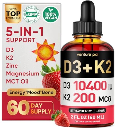 Venture Pal 5-in-1 Vitamin D3 10000 IE & K2 als MK-7 200mcg mit Magnesium, MCT-Öl, Zink, Zuckerfreies Vitamin-D-Liquid für maximale Aufnahme – Knochen-, Stimmungs- und Immununterstützung – 60 ml, 67 Tage