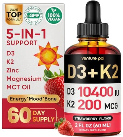 Venture Pal 5-in-1 Vitamin D3 10000 IE & K2 als MK-7 200mcg mit Magnesium, MCT-Öl, Zink, Zuckerfreies Vitamin-D-Liquid für maximale Aufnahme – Knochen-, Stimmungs- und Immununterstützung – 60 ml, 67 Tage