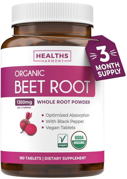 Bio Rote Bete Wurzel Tabletten – Extra starkes Rote-Bete-Supplement mit schwarzem Pfeffer Extrakt für verbesserte Aufnahme zur Unterstützung der Herzgesundheit, Stickstoffmonoxid-Produktion und sportlichen Leistung (3 Monate)