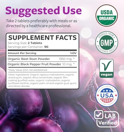 Bio Rote Bete Wurzel Tabletten – Extra starkes Rote-Bete-Supplement mit schwarzem Pfeffer Extrakt für verbesserte Aufnahme zur Unterstützung der Herzgesundheit, Stickstoffmonoxid-Produktion und sportlichen Leistung (3 Monate)