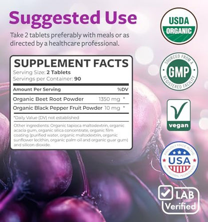 Bio Rote Bete Wurzel Tabletten – Extra starkes Rote-Bete-Supplement mit schwarzem Pfeffer Extrakt für verbesserte Aufnahme zur Unterstützung der Herzgesundheit, Stickstoffmonoxid-Produktion und sportlichen Leistung (3 Monate)