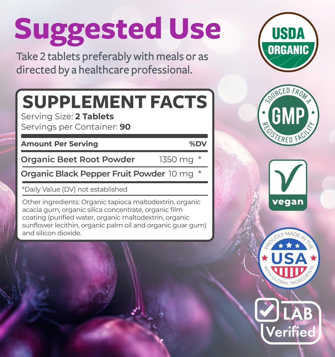 Bio Rote Bete Wurzel Tabletten – Extra starkes Rote-Bete-Supplement mit schwarzem Pfeffer Extrakt für verbesserte Aufnahme zur Unterstützung der Herzgesundheit, Stickstoffmonoxid-Produktion und sportlichen Leistung (3 Monate)