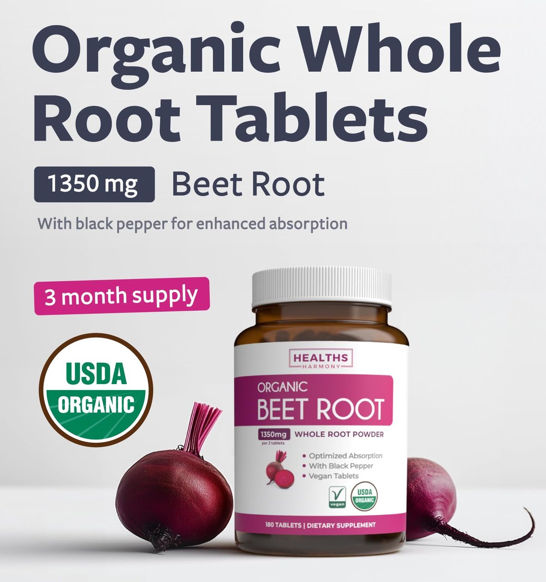Bio Rote Bete Wurzel Tabletten – Extra starkes Rote-Bete-Supplement mit schwarzem Pfeffer Extrakt für verbesserte Aufnahme zur Unterstützung der Herzgesundheit, Stickstoffmonoxid-Produktion und sportlichen Leistung (3 Monate)