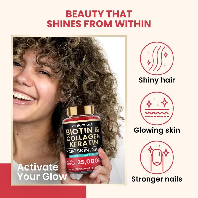 Venture Pal Biotin Gummies mit Kollagen & Keratin – Haarwachstum, Haut- und Nagelstärke Vitamine für Frauen & Männer – Biotin 10000mcg | B-Komplex | Sägepalme – Zuckerfrei, Non-GMO, 60 Stück