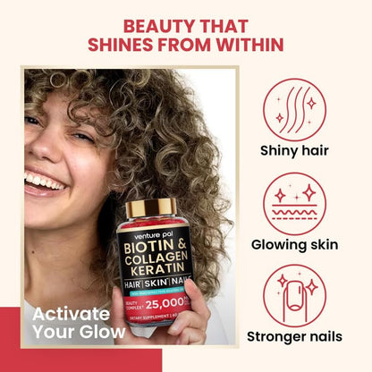 Venture Pal Biotin Gummies mit Kollagen & Keratin – Haarwachstum, Haut- und Nagelstärke Vitamine für Frauen & Männer – Biotin 10000mcg | B-Komplex | Sägepalme – Zuckerfrei, Non-GMO, 60 Stück