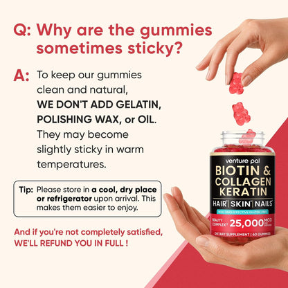 Venture Pal Biotin Gummies mit Kollagen & Keratin – Haarwachstum, Haut- und Nagelstärke Vitamine für Frauen & Männer – Biotin 10000mcg | B-Komplex | Sägepalme – Zuckerfrei, Non-GMO, 60 Stück
