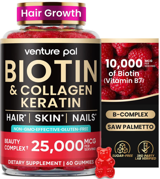 Venture Pal Biotin Gummies mit Kollagen & Keratin – Haarwachstum, Haut- und Nagelstärke Vitamine für Frauen & Männer – Biotin 10000mcg | B-Komplex | Sägepalme – Zuckerfrei, Non-GMO, 60 Stück