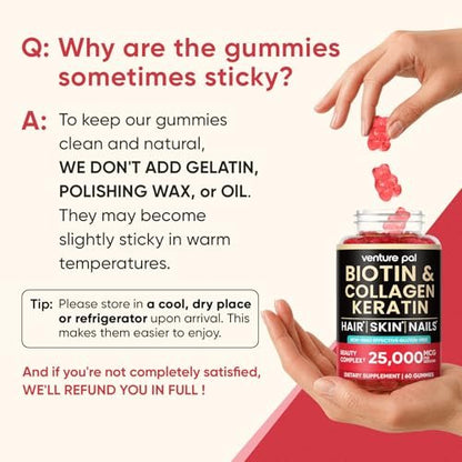 Venture Pal Biotin Gummies mit Kollagen & Keratin – Haarwachstum, Haut- und Nagelstärke Vitamine für Frauen & Männer – Biotin 10000mcg | B-Komplex | Sägepalme – Zuckerfrei, Non-GMO, 60 Stück