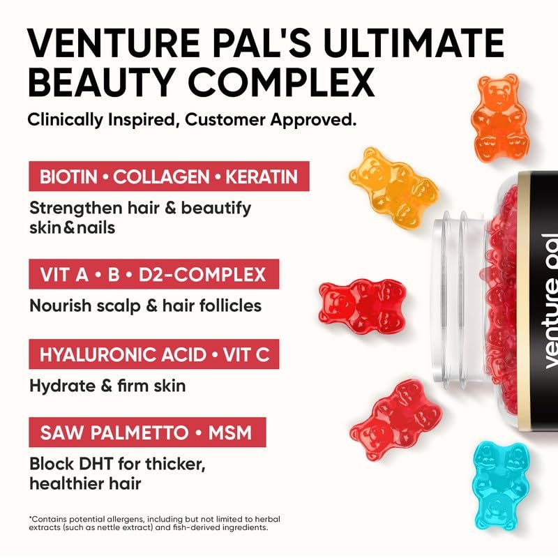 Venture Pal Biotin Gummies mit Kollagen & Keratin – Haarwachstum, Haut- und Nagelstärke Vitamine für Frauen & Männer – Biotin 10000mcg | B-Komplex | Sägepalme – Zuckerfrei, Non-GMO, 60 Stück