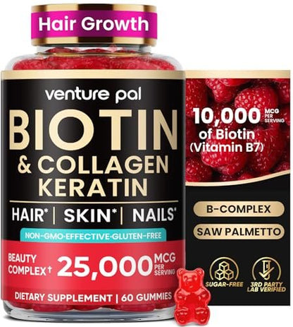 Venture Pal Biotin Gummies mit Kollagen & Keratin – Haarwachstum, Haut- und Nagelstärke Vitamine für Frauen & Männer – Biotin 10000mcg | B-Komplex | Sägepalme – Zuckerfrei, Non-GMO, 60 Stück