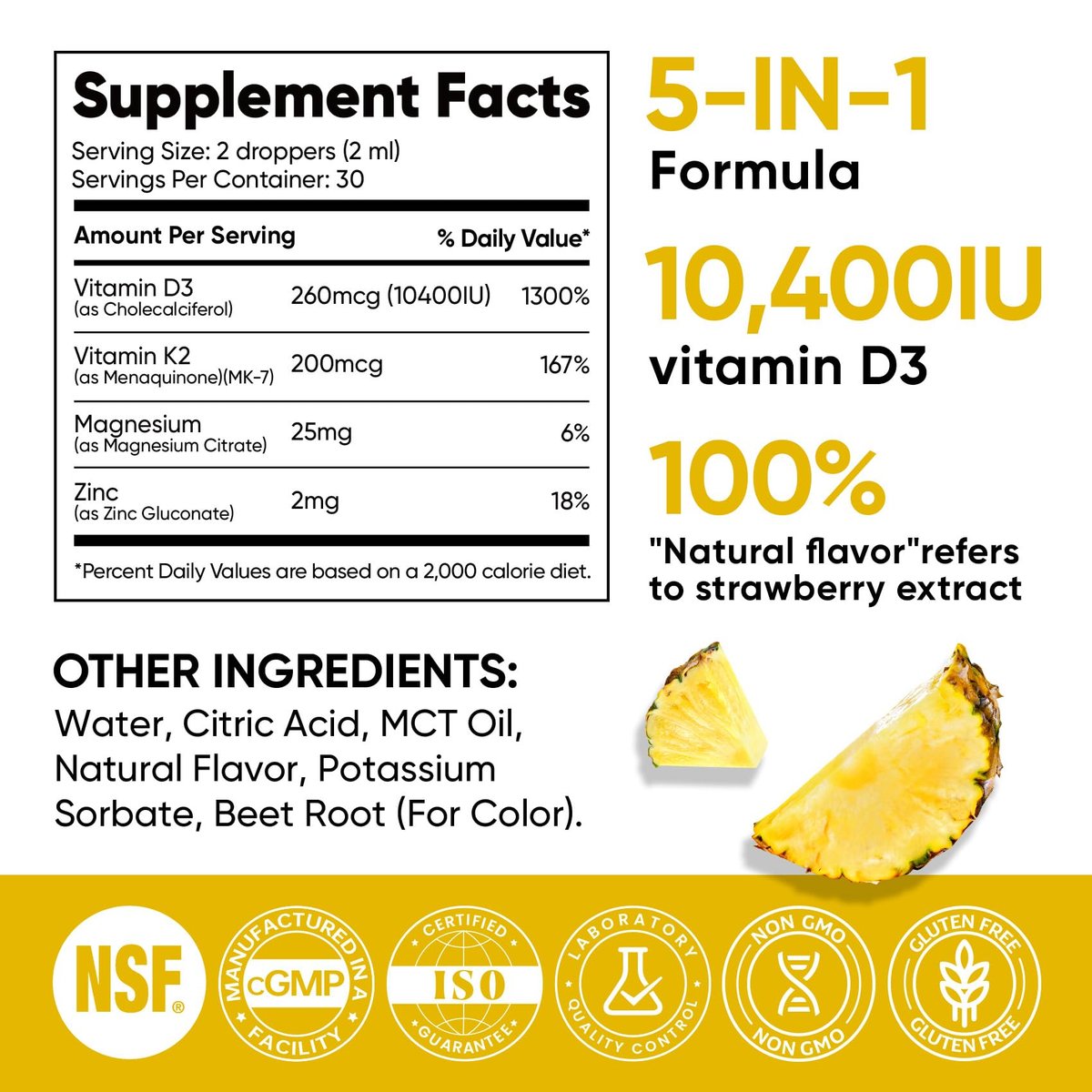 Venture Pal 5-in-1 Vitamin D3 10000 IE & K2 als MK-7 200mcg mit Magnesium, MCT-Öl, Zink – Zuckerfreies Vitamin-D-Liquid für maximale Aufnahme – Knochen-, Stimmungs- und Immununterstützung – 60 ml, 66 Tage