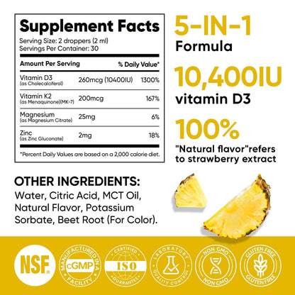 Venture Pal 5-in-1 Vitamin D3 10000 IE & K2 als MK-7 200mcg mit Magnesium, MCT-Öl, Zink – Zuckerfreies Vitamin-D-Liquid für maximale Aufnahme – Knochen-, Stimmungs- und Immununterstützung – 60 ml, 66 Tage