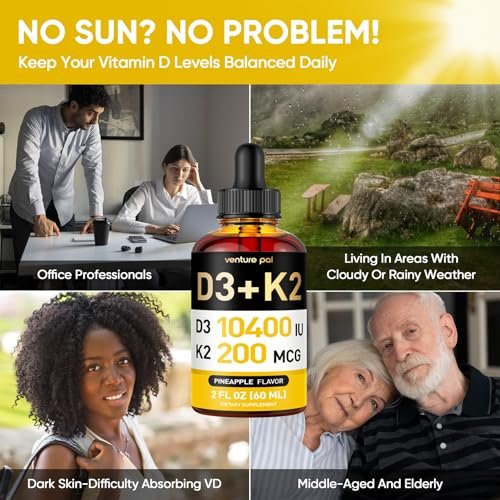 Venture Pal 5-in-1 Vitamin D3 10000 IE & K2 als MK-7 200mcg mit Magnesium, MCT-Öl, Zink – Zuckerfreies Vitamin-D-Liquid für maximale Aufnahme – Knochen-, Stimmungs- und Immununterstützung – 60 ml, 66 Tage