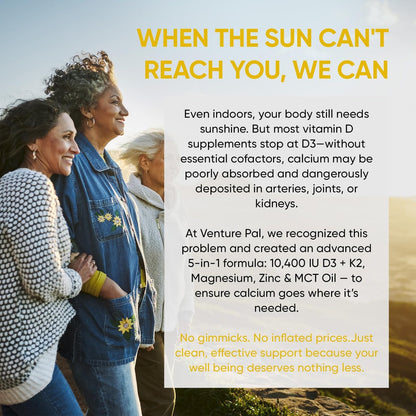 Venture Pal 5-in-1 Vitamin D3 10000 IE & K2 als MK-7 200mcg mit Magnesium, MCT-Öl, Zink – Zuckerfreies Vitamin-D-Liquid für maximale Aufnahme – Knochen-, Stimmungs- und Immununterstützung – 60 ml, 66 Tage