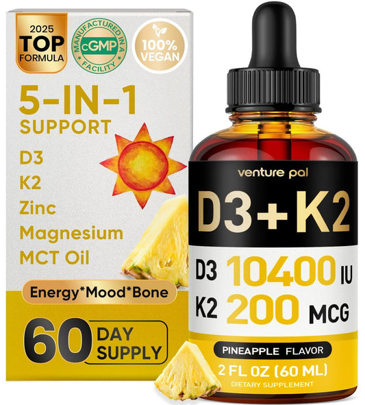 Venture Pal 5-in-1 Vitamin D3 10000 IE & K2 als MK-7 200mcg mit Magnesium, MCT-Öl, Zink – Zuckerfreies Vitamin-D-Liquid für maximale Aufnahme – Knochen-, Stimmungs- und Immununterstützung – 60 ml, 66 Tage