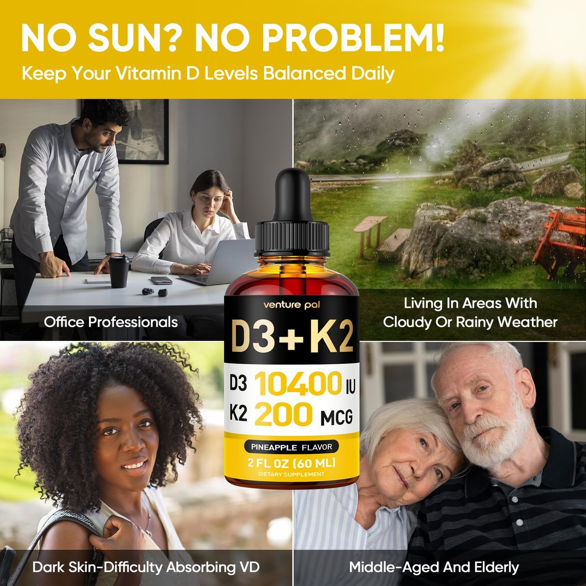 Venture Pal 5-in-1 Vitamin D3 10000 IE & K2 als MK-7 200mcg mit Magnesium, MCT-Öl, Zink – Zuckerfreies Vitamin-D-Liquid für maximale Aufnahme – Knochen-, Stimmungs- und Immununterstützung – 60 ml, 66 Tage