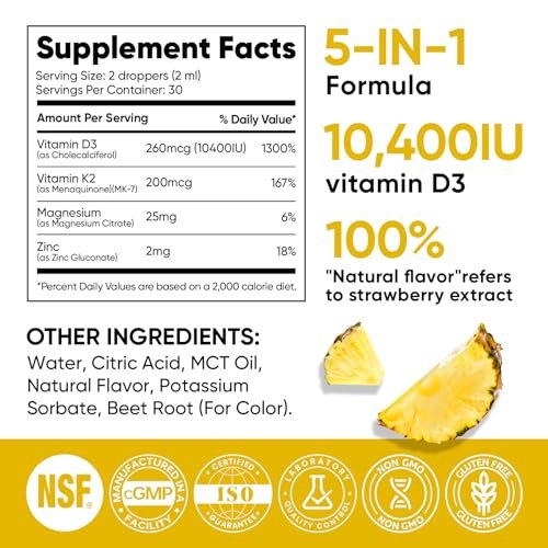Venture Pal 5-in-1 Vitamin D3 10000 IE & K2 als MK-7 200mcg mit Magnesium, MCT-Öl, Zink – Zuckerfreies Vitamin-D-Liquid für maximale Aufnahme – Knochen-, Stimmungs- und Immununterstützung – 60 ml, 66 Tage