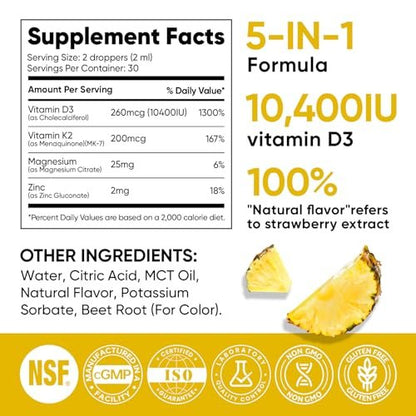 Venture Pal 5-in-1 Vitamin D3 10000 IE & K2 als MK-7 200mcg mit Magnesium, MCT-Öl, Zink – Zuckerfreies Vitamin-D-Liquid für maximale Aufnahme – Knochen-, Stimmungs- und Immununterstützung – 60 ml, 66 Tage