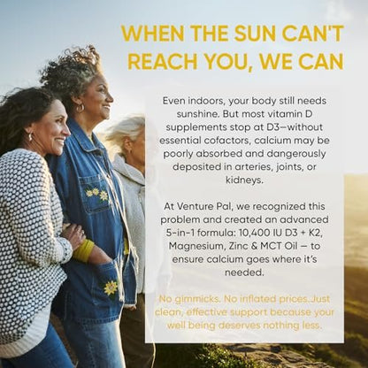 Venture Pal 5-in-1 Vitamin D3 10000 IE & K2 als MK-7 200mcg mit Magnesium, MCT-Öl, Zink – Zuckerfreies Vitamin-D-Liquid für maximale Aufnahme – Knochen-, Stimmungs- und Immununterstützung – 60 ml, 66 Tage
