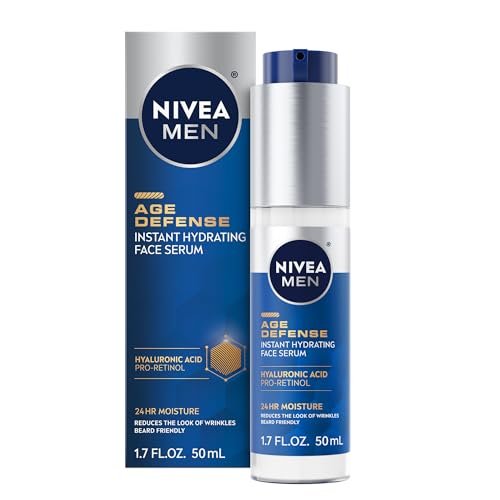 NIVEA MEN Age Defense Sofort-Hydratisierendes Gesichtsserum für trockene Haut, mit Pro-Retinol und Hyaluronsäure, Reduziert das Erscheinungsbild von feinen Linien und Fältchen, 50 ml Flasche