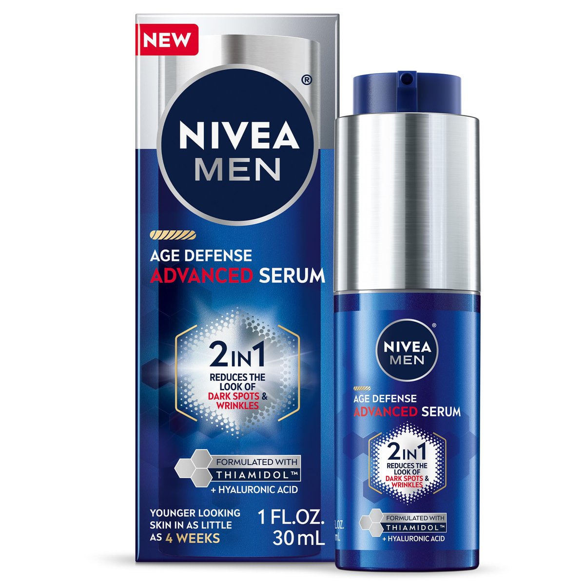 NIVEA MEN Age Defense Advanced Face Serum gegen dunkle Flecken mit Thiamidol + Hyaluronsäure, schnell einziehendes Gesichtsserum für Männer, reduziert das Erscheinungsbild von dunklen Flecken, feinen Linien und Falten, 30 ml Flasche