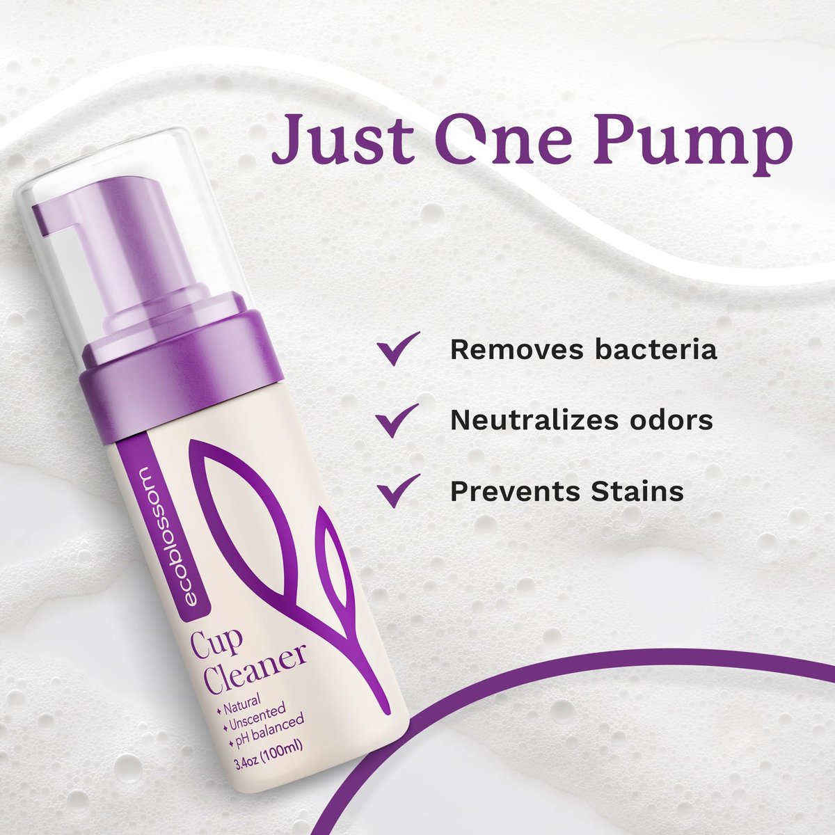 EcoBlossom Menstruationstassen-Reiniger - Ungedufteter Schaumreiniger für Silikon-Menstruationstassen und -scheiben - Organische Inhaltsstoffe, pH-ausgeglichen, 100 ml