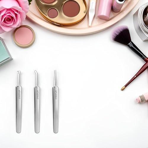 3-teiliges Profi-Mitesser-Werkzeug-Set – Präzisions-Pinzetten zur Mitesserentfernung, Pickel-Akne-Entferner, Hautpflege-Werkzeug, silber