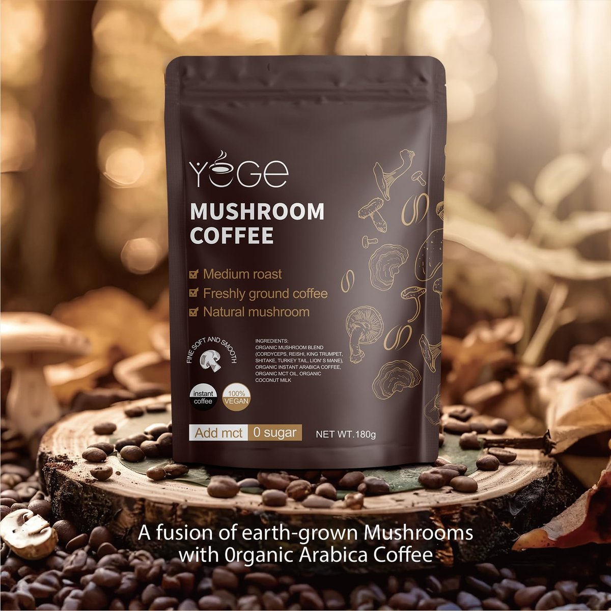 YEGE Pilz-Kaffee Instant mit Cordyceps, Reishi, King Trumpet, Shiitake, Turkey Tail, Löwenmähne für Energie, Fokus, positive Stimmung und Immununterstützung (30 Portionen)
