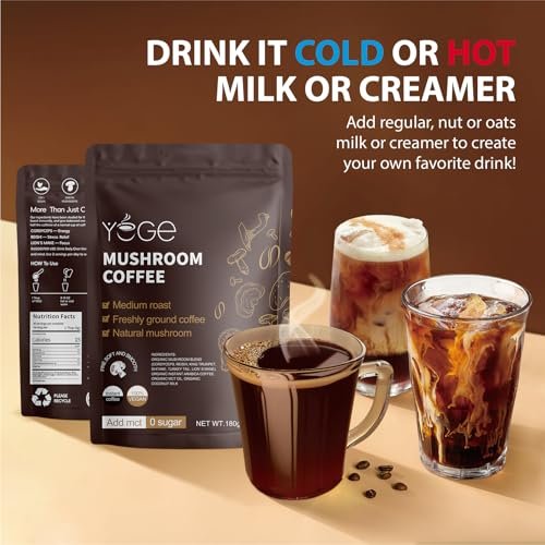 YEGE Pilz-Kaffee Instant mit Cordyceps, Reishi, King Trumpet, Shiitake, Turkey Tail, Löwenmähne für Energie, Fokus, positive Stimmung und Immununterstützung (30 Portionen)