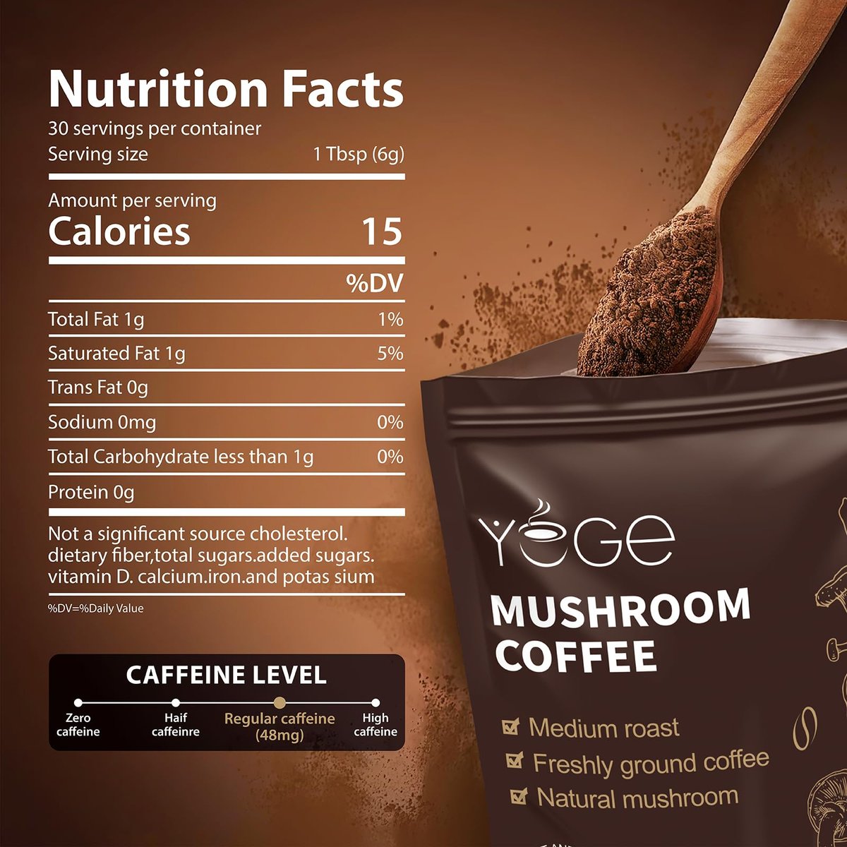 YEGE Pilz-Kaffee Instant mit Cordyceps, Reishi, King Trumpet, Shiitake, Turkey Tail, Löwenmähne für Energie, Fokus, positive Stimmung und Immununterstützung (30 Portionen)