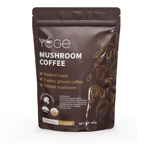 YEGE Pilz-Kaffee Instant mit Cordyceps, Reishi, King Trumpet, Shiitake, Turkey Tail, Löwenmähne für Energie, Fokus, positive Stimmung und Immununterstützung (30 Portionen)
