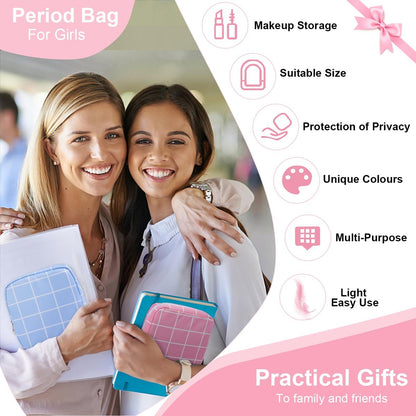 Desing Wish Period Bag - Damenhygiene Aufbewahrungstasche aus weichem Stoff, tragbare Menstruationsbinde-Tasche, Tamponhalter für die Handtasche, Erstes Perioden-Set für Mädchen 9-12 Jahre (Blau-Weiß Karo)