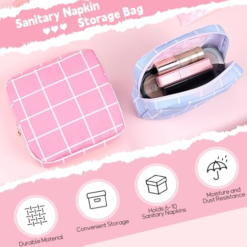 Desing Wish Period Bag - Damenhygiene Aufbewahrungstasche aus weichem Stoff, tragbare Menstruationsbinde-Tasche, Tamponhalter für die Handtasche, Erstes Perioden-Set für Mädchen 9-12 Jahre (Blau-Weiß Karo)