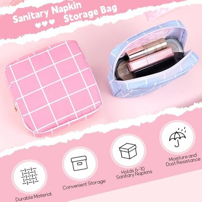 Desing Wish Period Bag - Damenhygiene Aufbewahrungstasche aus weichem Stoff, tragbare Menstruationsbinde-Tasche, Tamponhalter für die Handtasche, Erstes Perioden-Set für Mädchen 9-12 Jahre (Blau-Weiß Karo)