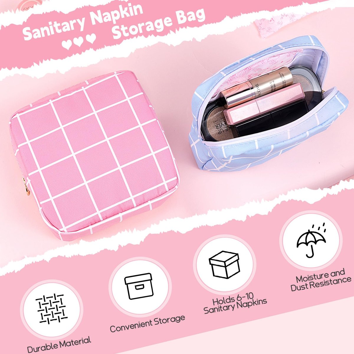 Desing Wish Period Bag - Damenhygiene Aufbewahrungstasche aus weichem Stoff, tragbare Menstruationsbinde-Tasche, Tamponhalter für die Handtasche, Erstes Perioden-Set für Mädchen 9-12 Jahre (Blau-Weiß Karo)