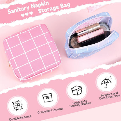 Desing Wish Period Bag - Damenhygiene Aufbewahrungstasche aus weichem Stoff, tragbare Menstruationsbinde-Tasche, Tamponhalter für die Handtasche, Erstes Perioden-Set für Mädchen 9-12 Jahre (Blau-Weiß Karo)