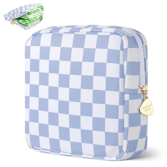 Desing Wish Period Bag - Damenhygiene Aufbewahrungstasche aus weichem Stoff, tragbare Menstruationsbinde-Tasche, Tamponhalter für die Handtasche, Erstes Perioden-Set für Mädchen 9-12 Jahre (Blau-Weiß Karo)